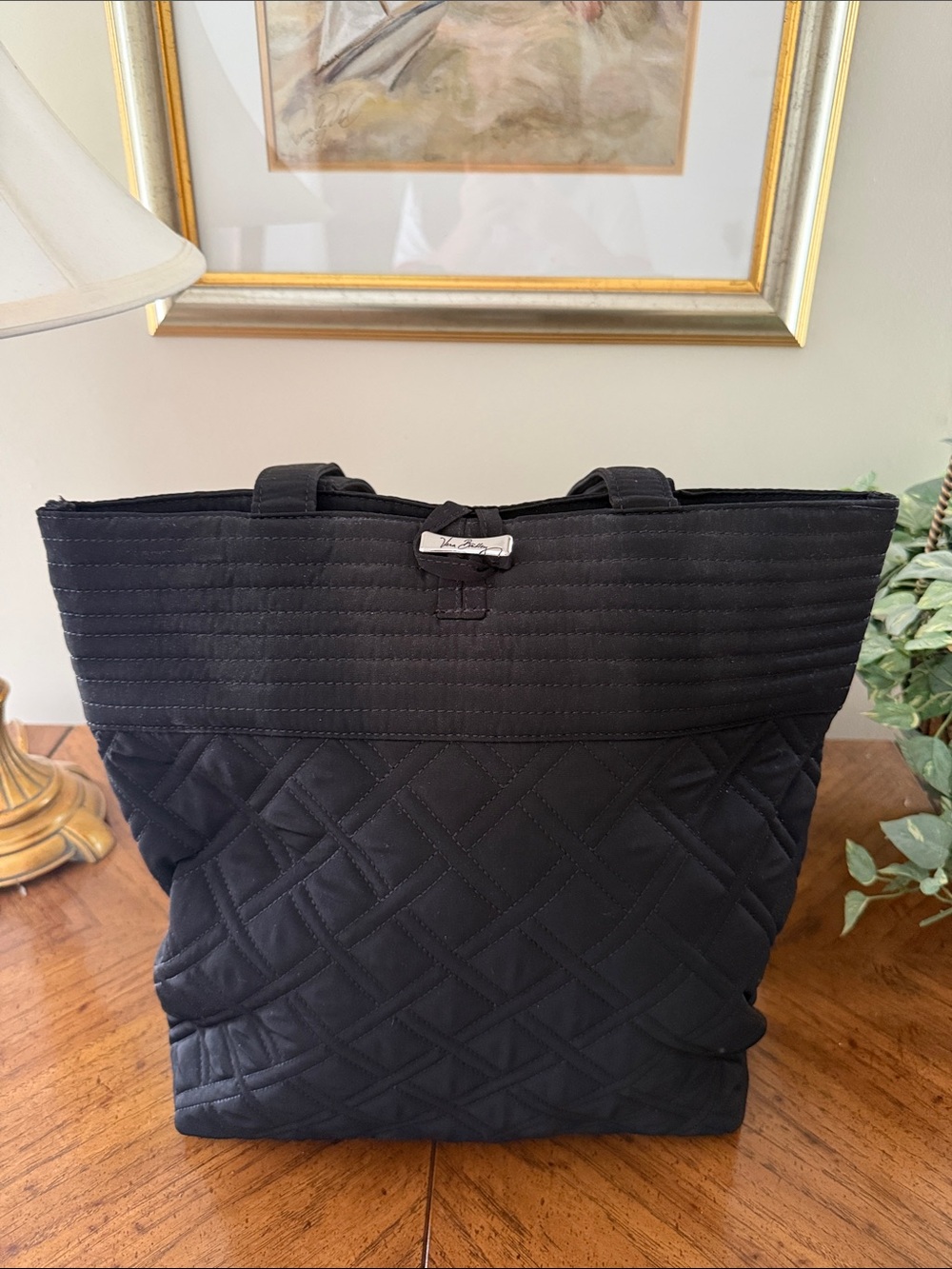 Vera Bradley Black Quilted Tote with Silver Logo Accent